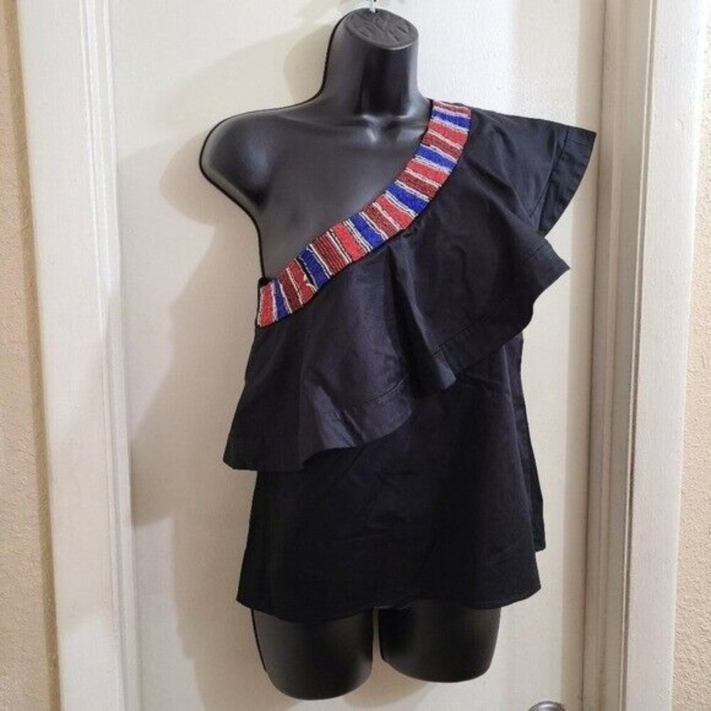 SALONI Esme Ruffle One Shoulder Black Beaded Blouse Size 2 - Picture 10 of 10